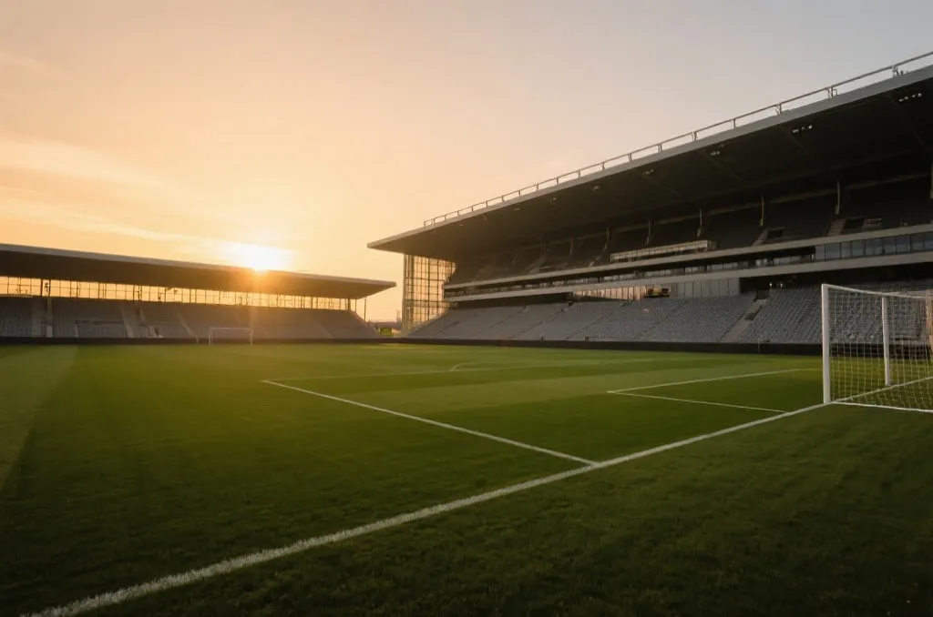 An atmospheric view of a sleek, unbranded modern football stadium at sunset, warm golden light hitting the perfectly manicured grass field
